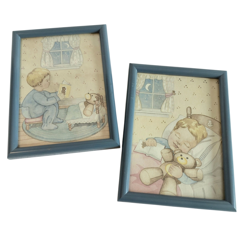 Figi Giftware Vintage Blue, Yellow Framed Nursery Boy Teddy Bear Bedtime Art